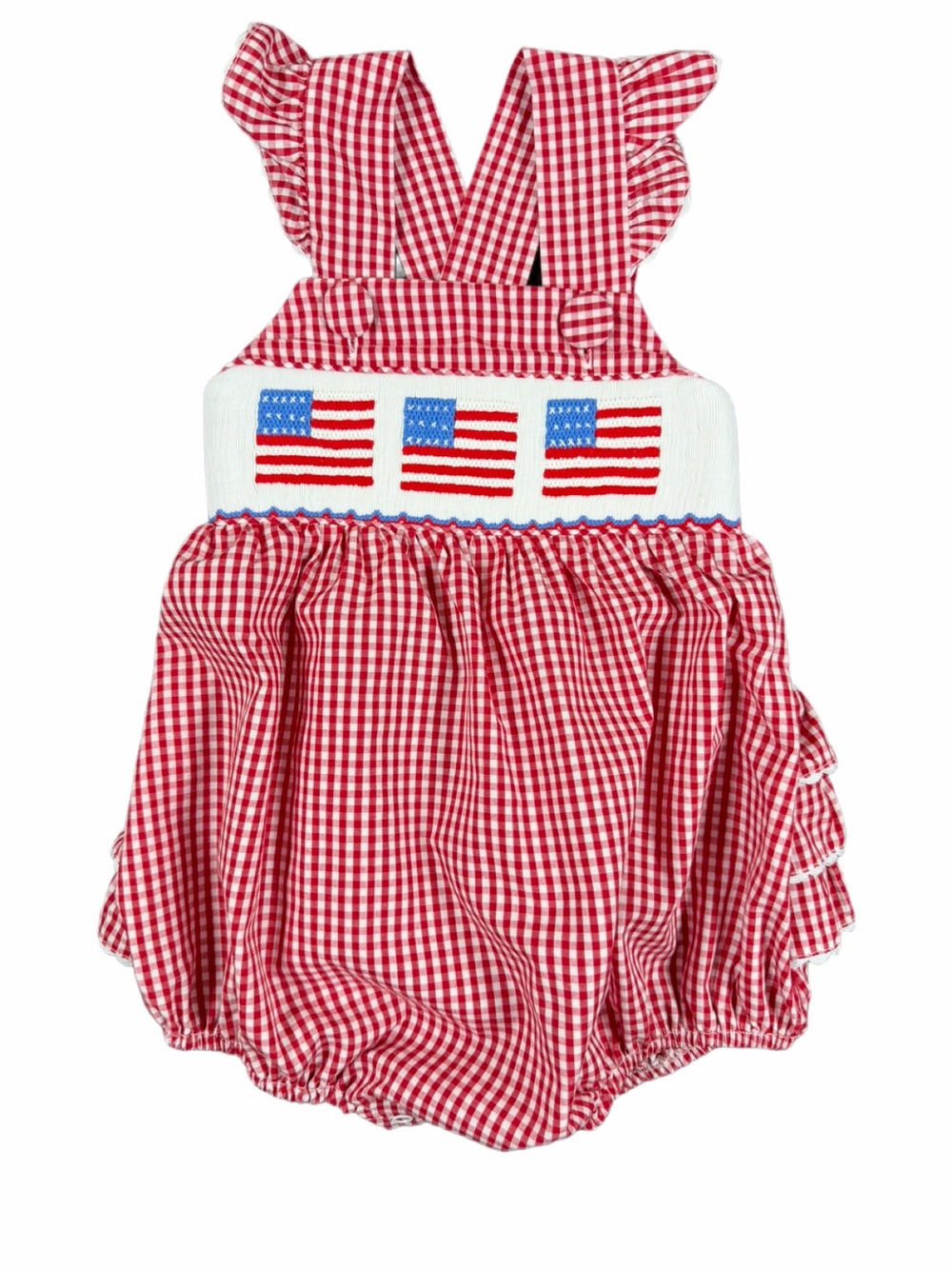 SMOCKED AUCTIONS Gingham Smocked American Flag Ruffle Bubble - 18M
